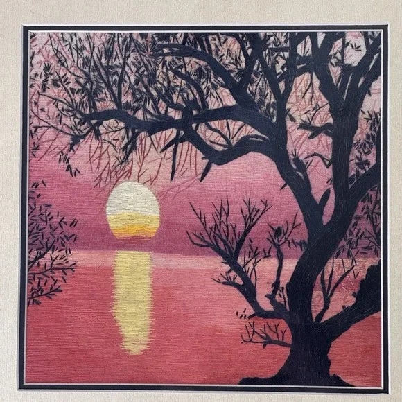 Chinese Suzhou Embroidery King Silk Art Tree Near Water Under Pink Sunset Framed - Picture 3 of 6